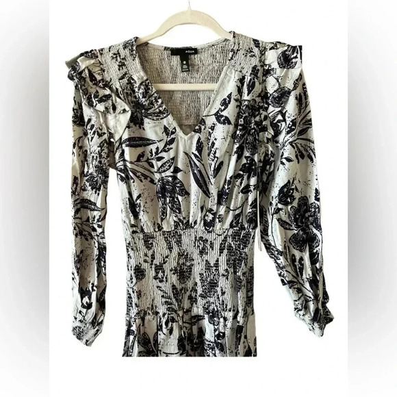 Aqua Women's Linen Blend Smocked Long Sleeve Midi Dress Flower Print Blue Sz XS - Picture 4 of 10